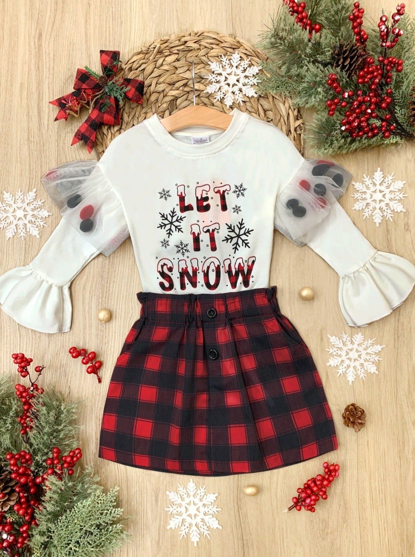 Winter Skirt Sets | Let It Snow Pom Pom Sleeve Top & Plaid Skirt Set