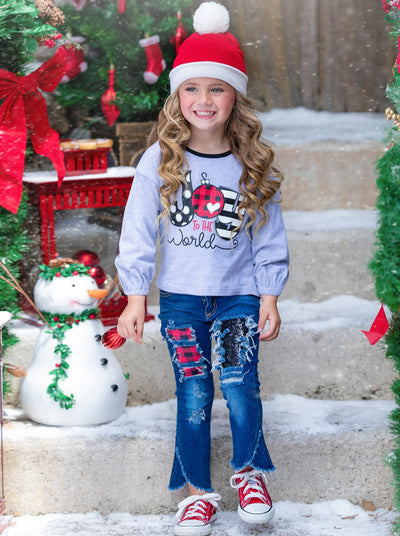 Toddler Winter Clothes | Girls Joy To The World Top & Patched Jean Set