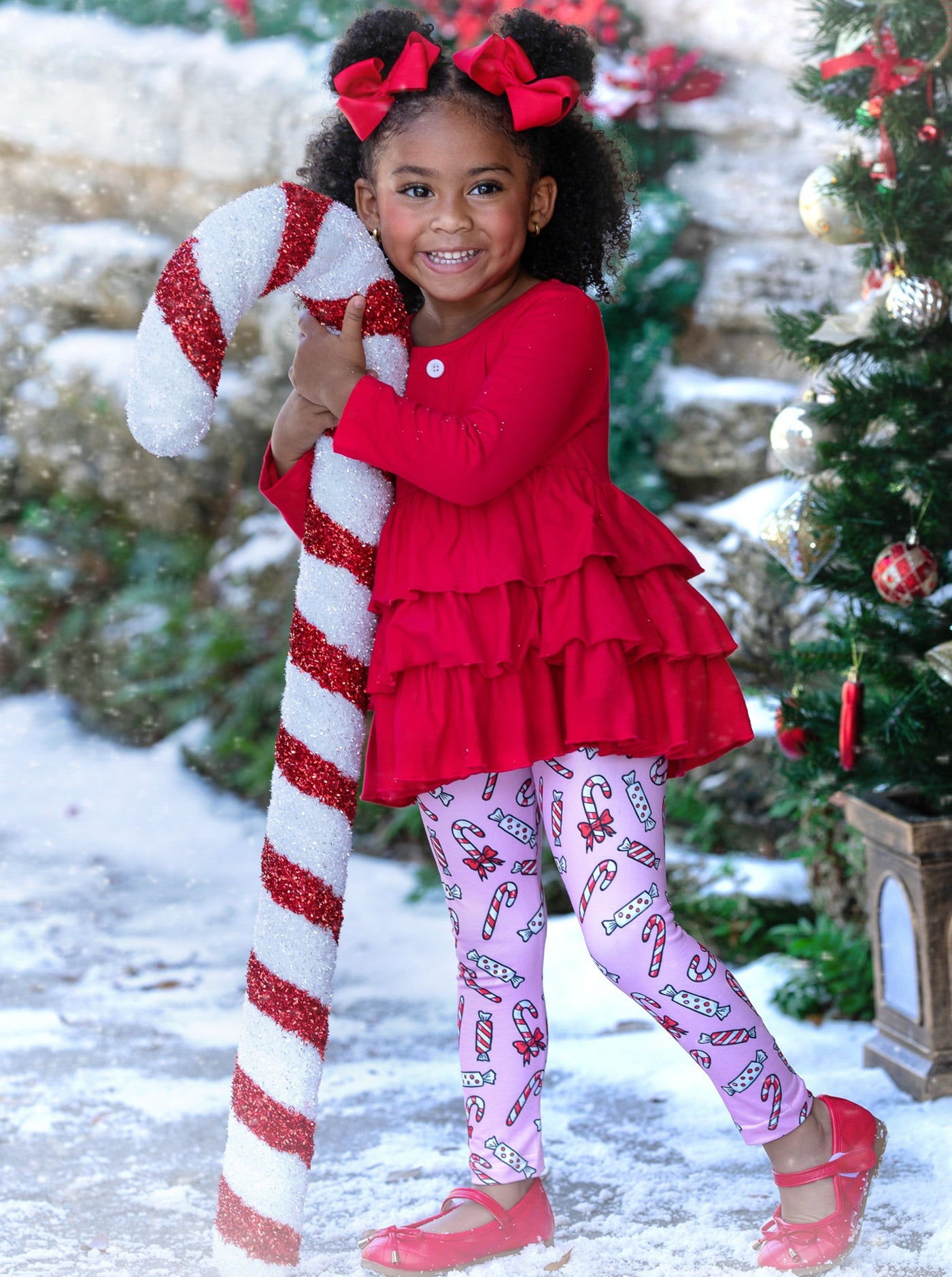 Winter Casual Sets | Girls Tiered Ruffled Tunic & Candy Cane Legging Set