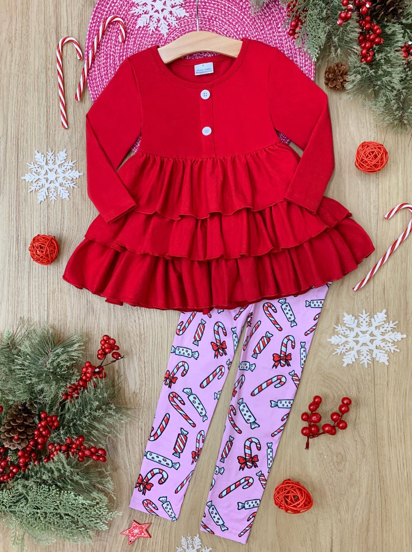 Winter Casual Sets | Girls Tiered Ruffled Tunic & Candy Cane Legging Set
