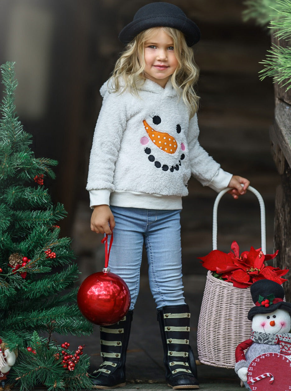 Cute Toddler Sweaters & Tops | Girls Embroidered Snowman Fleece Hoodie