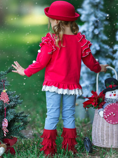Toddler Clothing Sale | Girls Santa Ruffled Pom Pom Tunic | Boutique