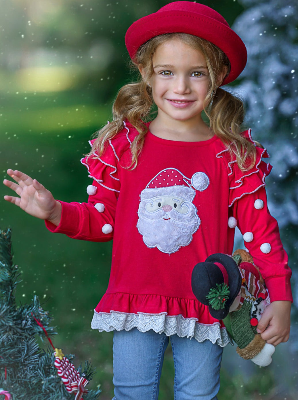 Toddler Clothing Sale | Girls Santa Ruffled Pom Pom Tunic | Boutique