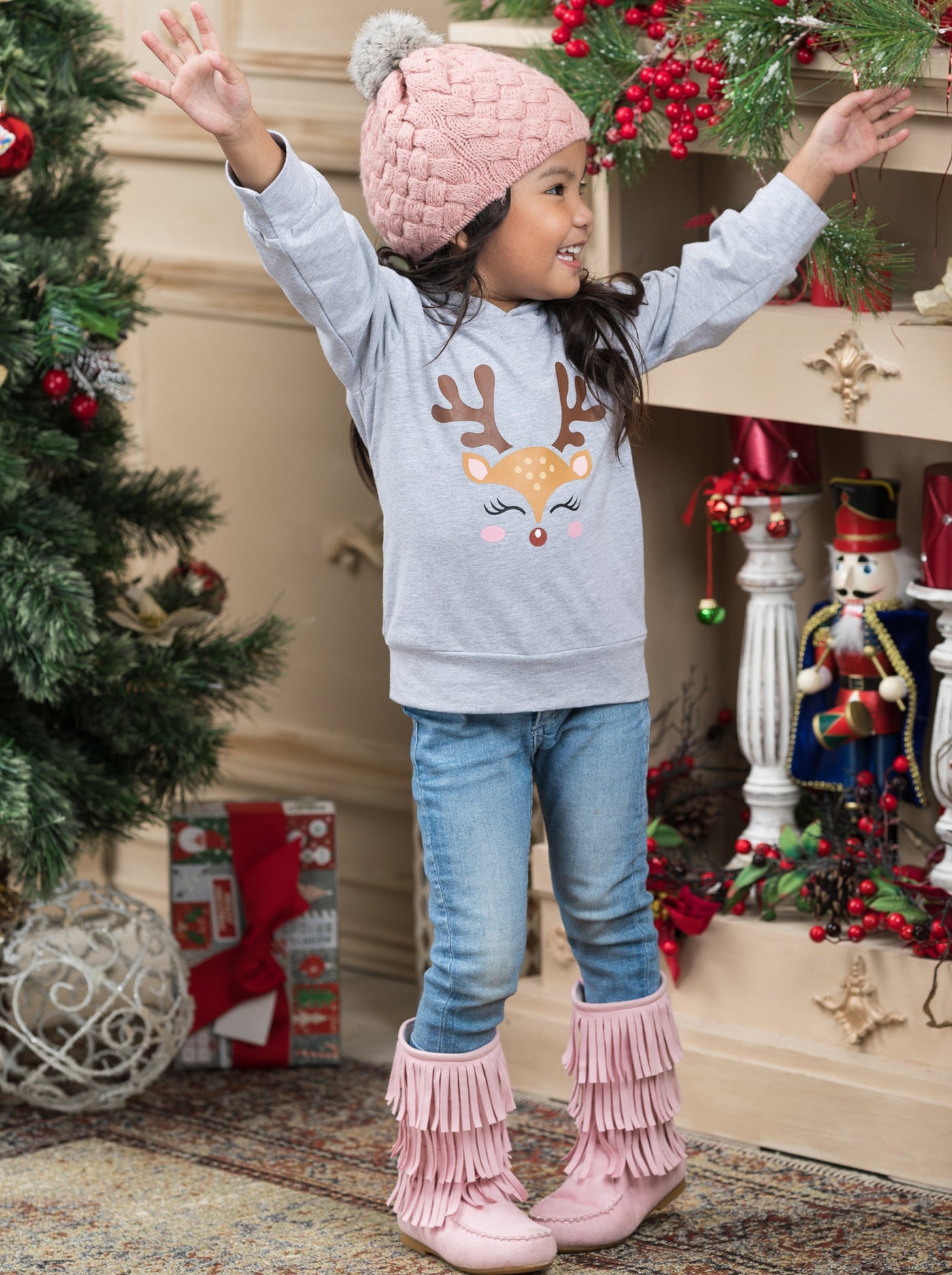 Cute Toddler Winter Tops | Girls Reindeer Long Sleeve Hooded Top 