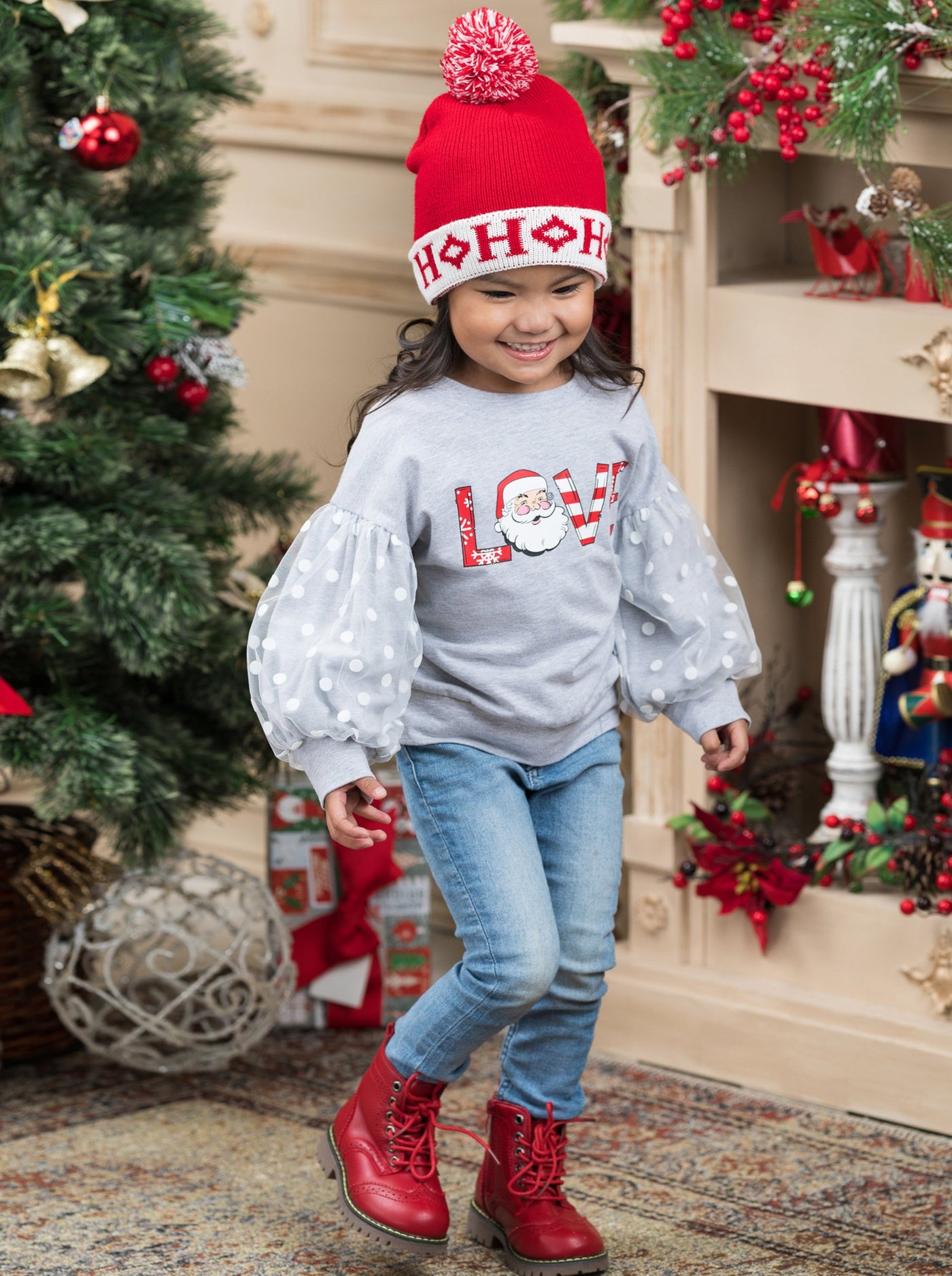 Winter Tops For Girls | Love Santa Polka Dot Tulle Sleeve Sweatshirt
