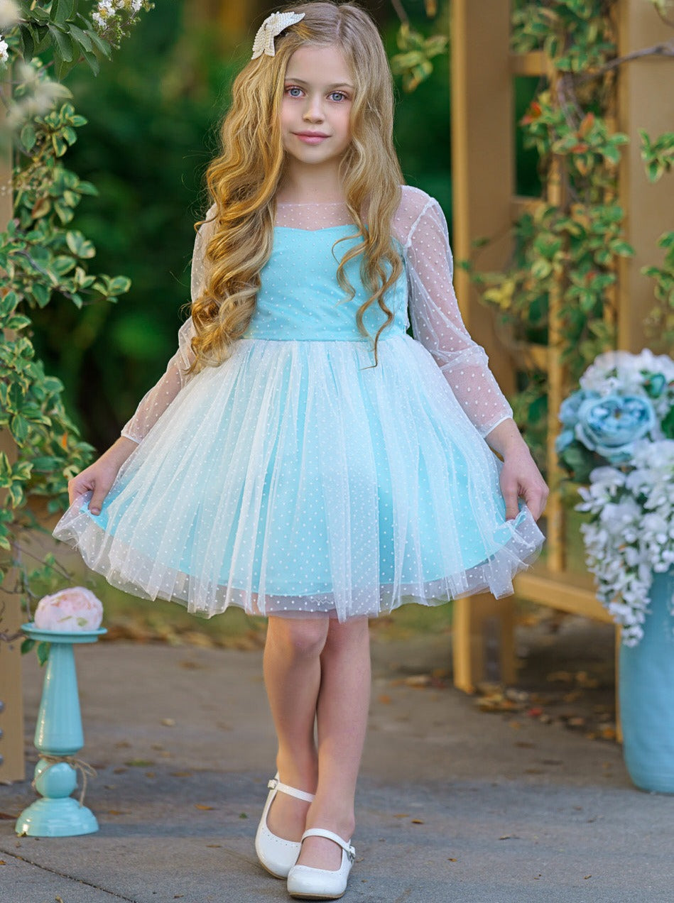 Kids Spring Clothes | Girls Sheer Sleeve Polka Dot Tulle Formal Dress