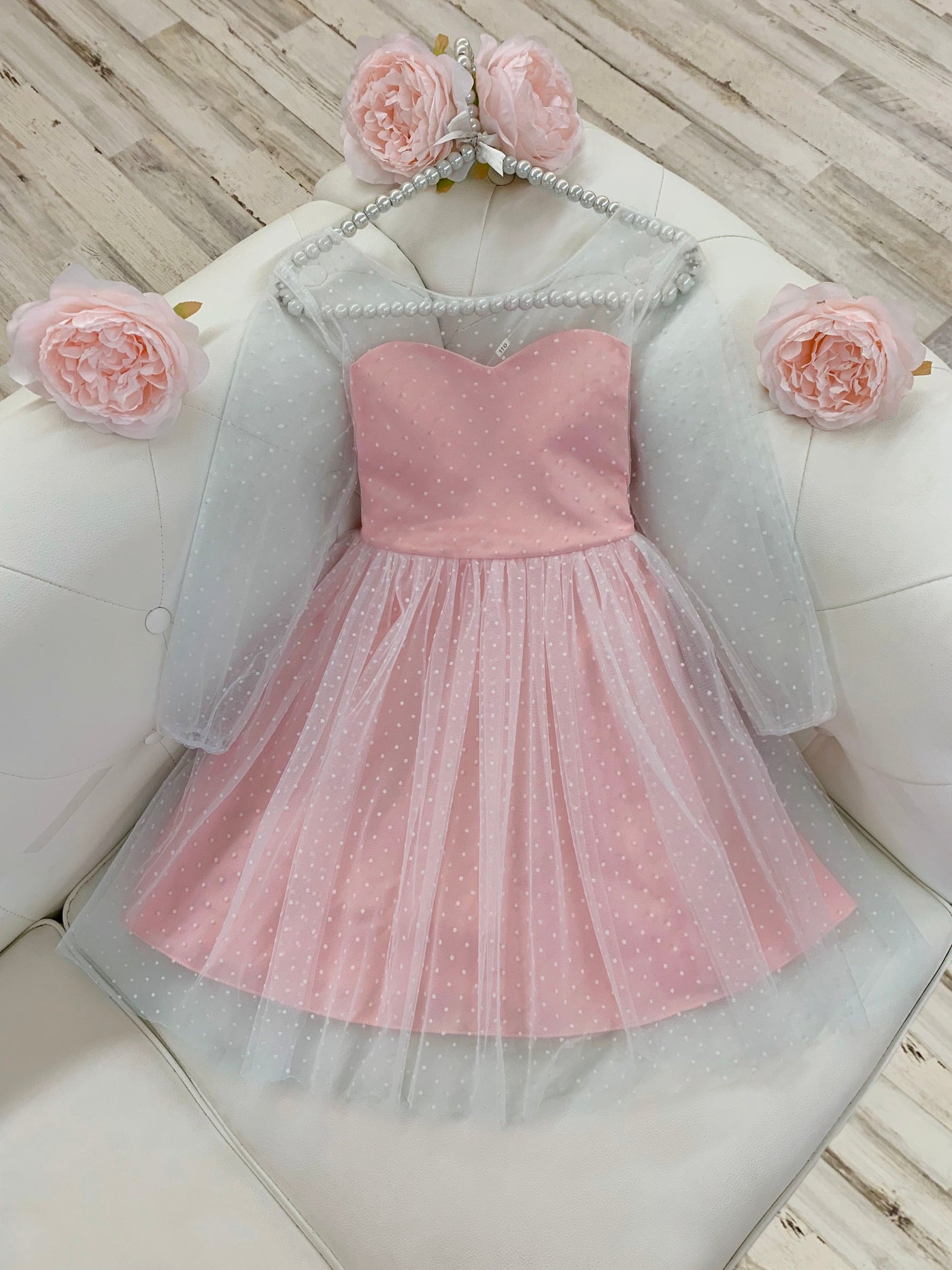 Kids Spring Clothes | Girls Sheer Sleeve Polka Dot Tulle Formal Dress