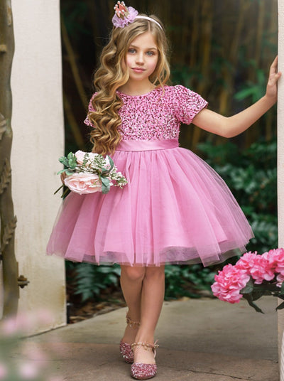 Girls Formal Dresses | Pink Sequin Bodice Tulle Overlay Princess Dress