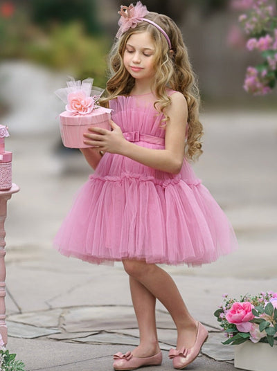 Girls  dress features a sleeveless layered tulle bodice and skirt with a belted waistline - Spring Dressy Dress