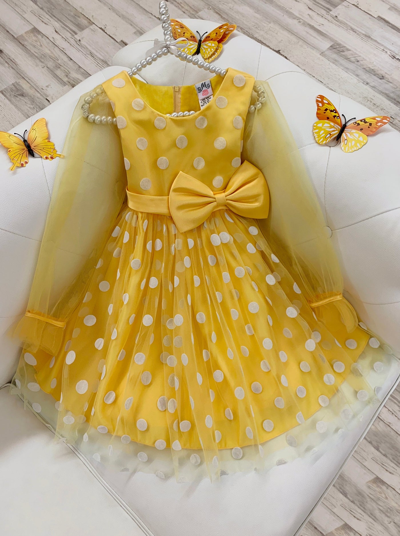 Girls Special Occasion Dress | Yellow Sheer Polka Dot Party Dress