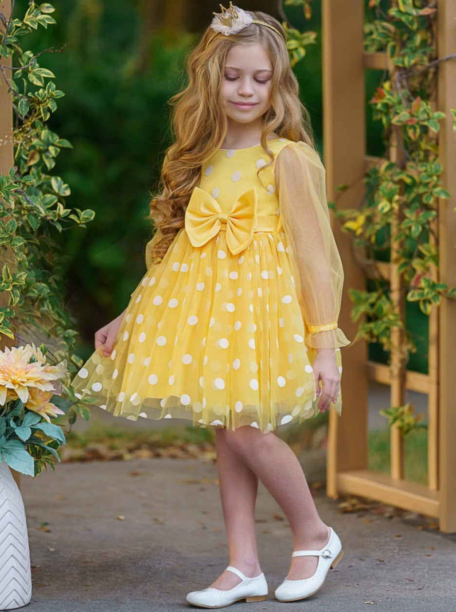 Girls Special Occasion Dress | Yellow Sheer Polka Dot Party Dress