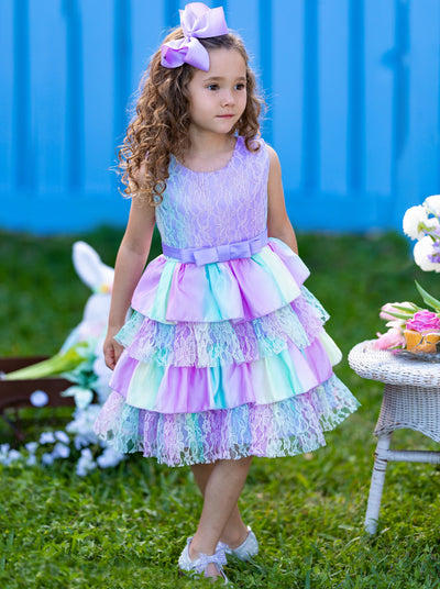 Girls Special Occasion Dress | Pastel Rainbow Tiered Lace Ruffle Dress