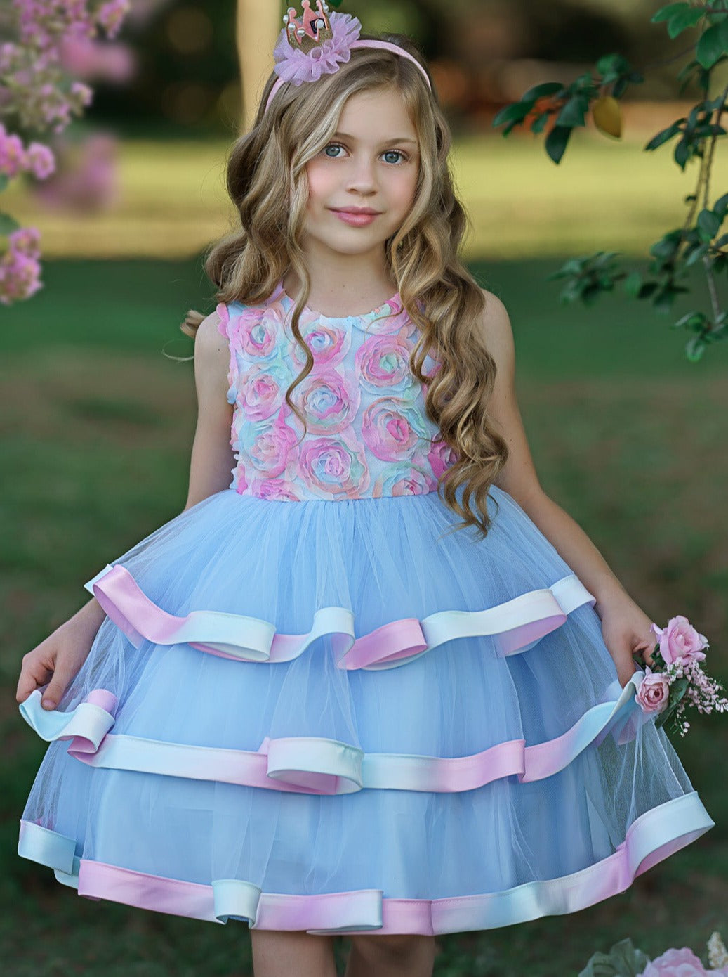Girls Special Occasion Dress | Blue Rainbow Roses Spring Party Dress ...