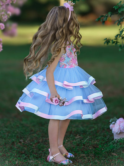 Girls Special Occasion Dress | Blue Rainbow Roses Spring Party Dress