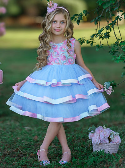 Girls Special Occasion Dress | Blue Rainbow Roses Spring Party Dress