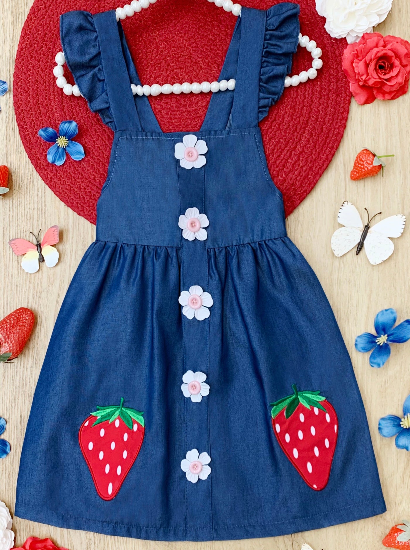 Cute Spring Toddler Outfits | Girls Strawberry Applique Denim Dress