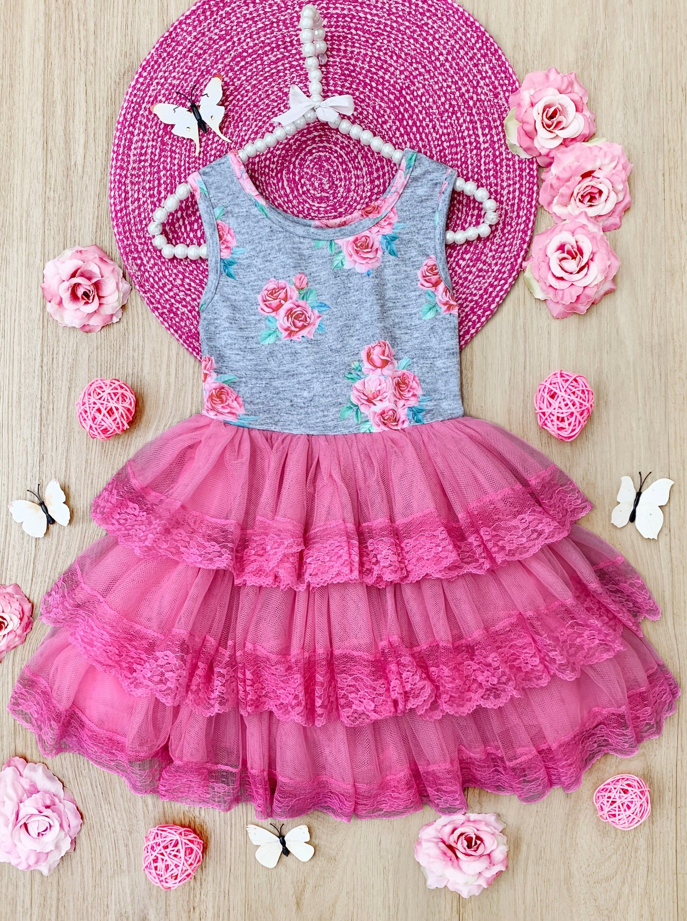 Sweet Little Roses Lace Tiered Ruffle Dress - Mia Belle Girls