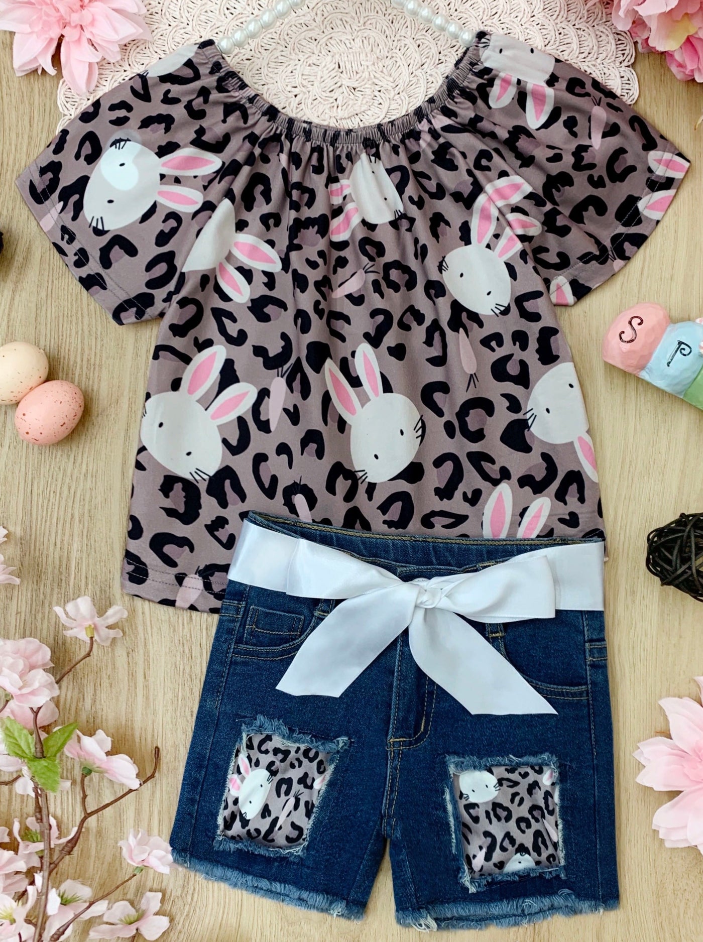 Little Girls Easter Sets | Leopard Print Bunny Top & Denim Shorts Set