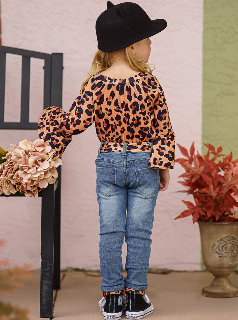 Girls Fall Fierce Leopard Top & Jeans Set - Mia Belle Girls
