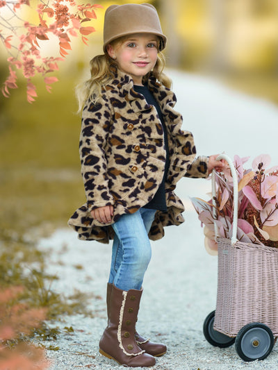 Kids Cardigans | Leopard Fleece Ruffle Cardigan | Mia Belle Girls