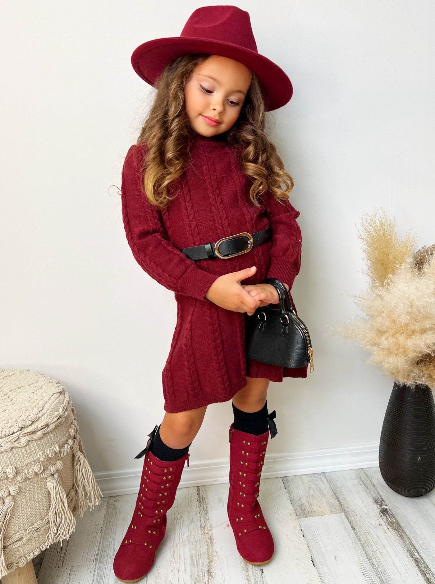 Little Girls Fall Cable Knit Belted Sweater Dress - Mia Belle Girls
