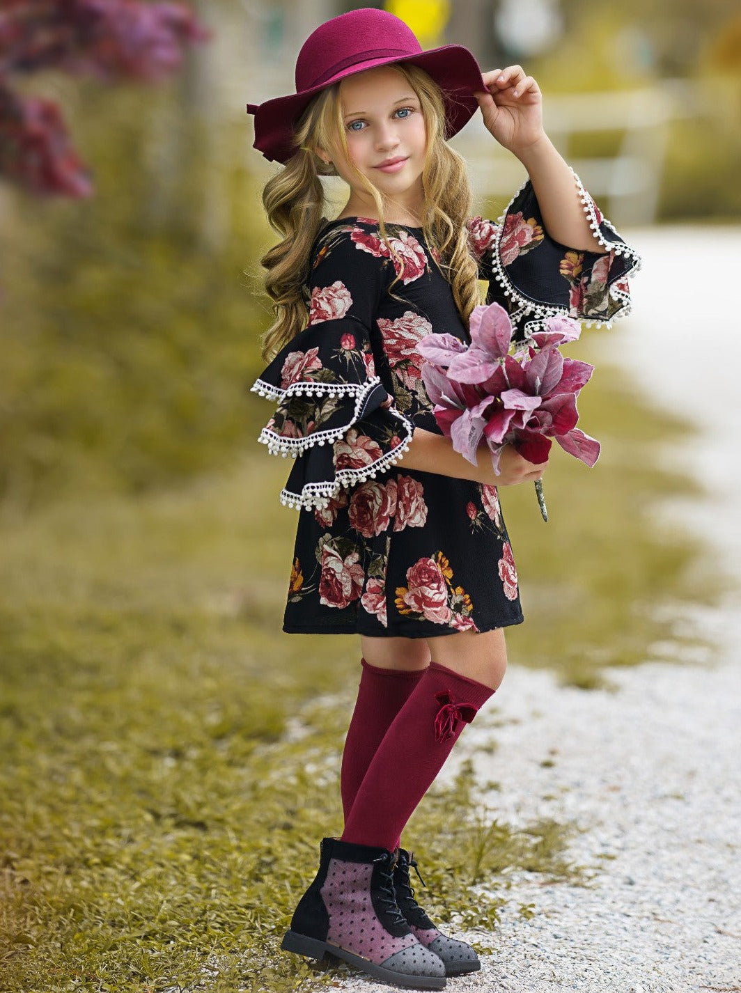Girls Black Floral Tiered Sleeve Miya Dress| Black Friday Kids Fashion