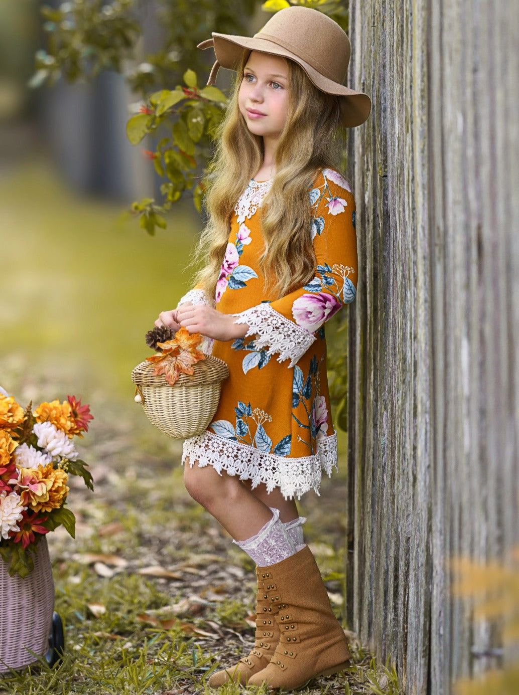 Little Girls Fall Boho Cinnamon Floral Crochet Gaby Dress - Mia Belle Girls