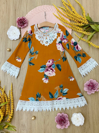 Little Girls Fall Boho Cinnamon Floral Crochet Gaby Dress - Mia Belle Girls