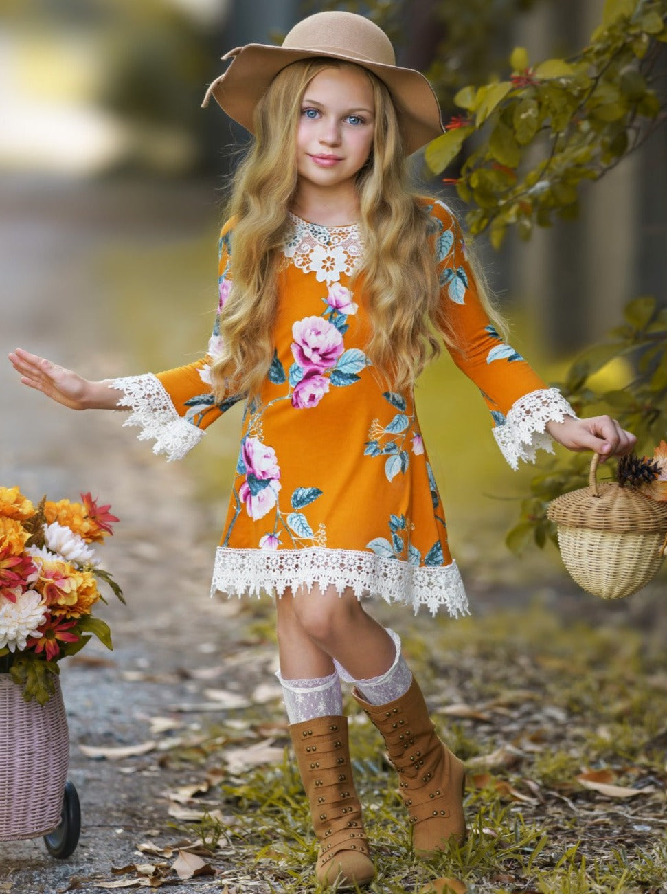 Girls Fall Boho Cinnamon Floral Crochet Gaby Dress - Mia Belle Girls