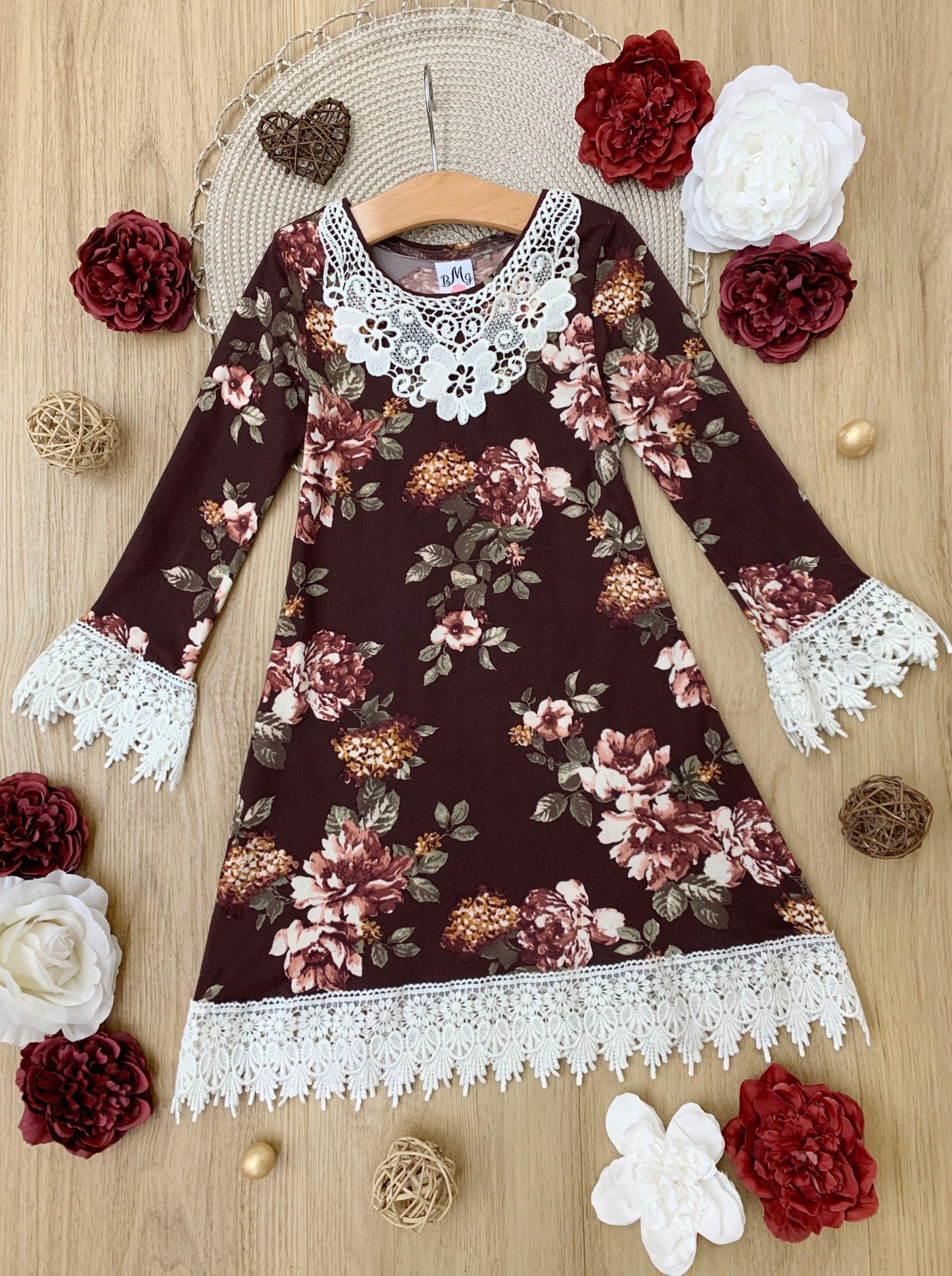 Little Girls Fall Boho Burgundy Floral Crochet Gaby Dress - Mia Belle Girls