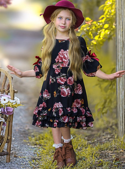 Little Girls Fall Boho Cloda Black Floral Midi Dress | Mia Belle Girls