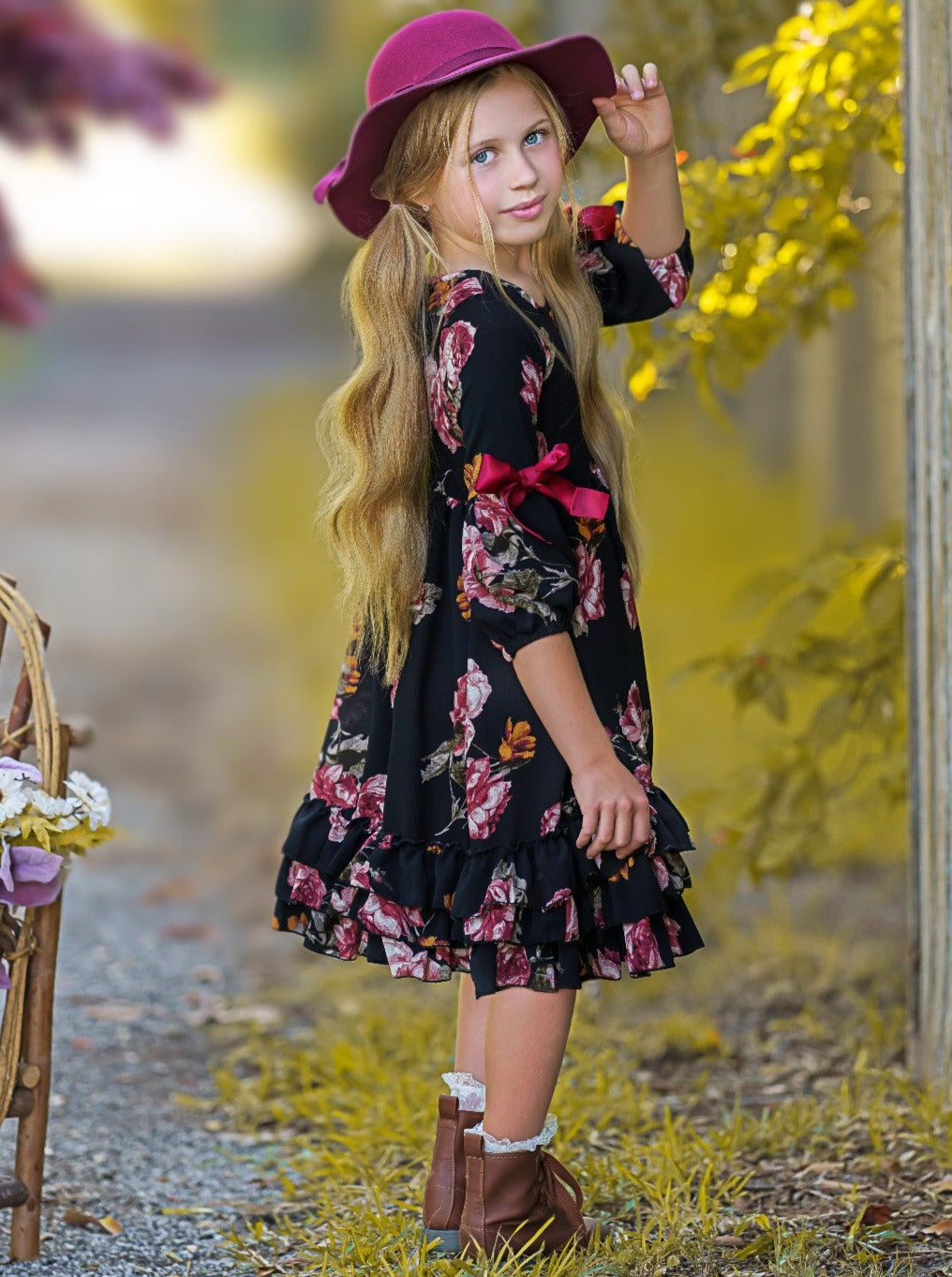 Little Girls Fall Boho Cloda Black Floral Midi Dress | Mia Belle Girls