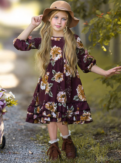 Little Girls Fall Boho Burgundy Floral Cloda Dress - Mia Belle Girls