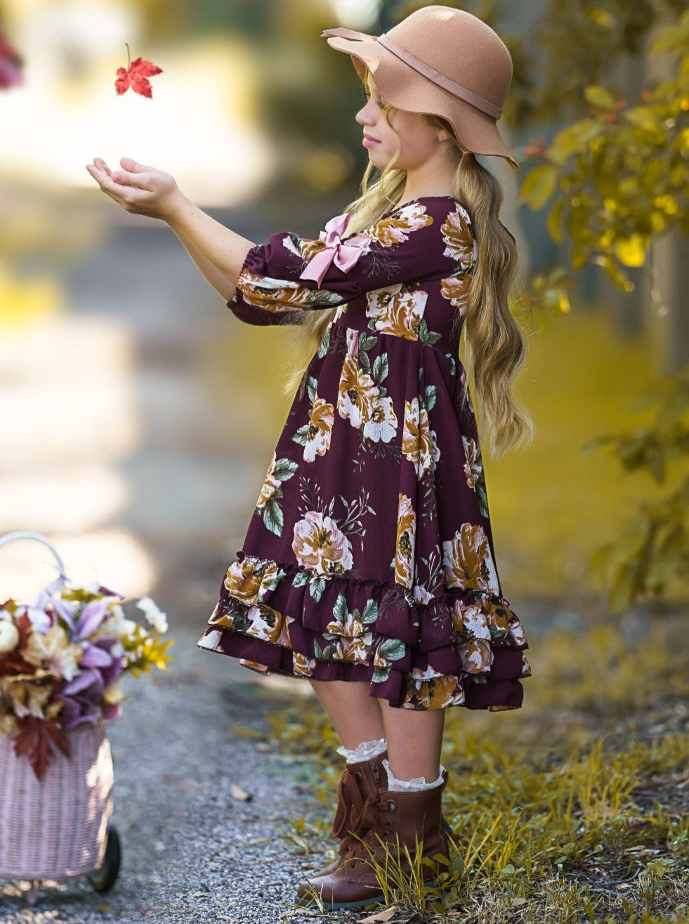 Little Girls Fall Boho Burgundy Floral Cloda Dress - Mia Belle Girls
