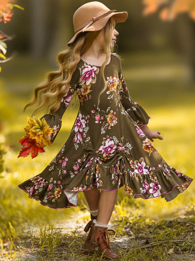 Fall Preppy Floral Hi-Lo Drawstring Ruffled Dress - Mia Belle Girls