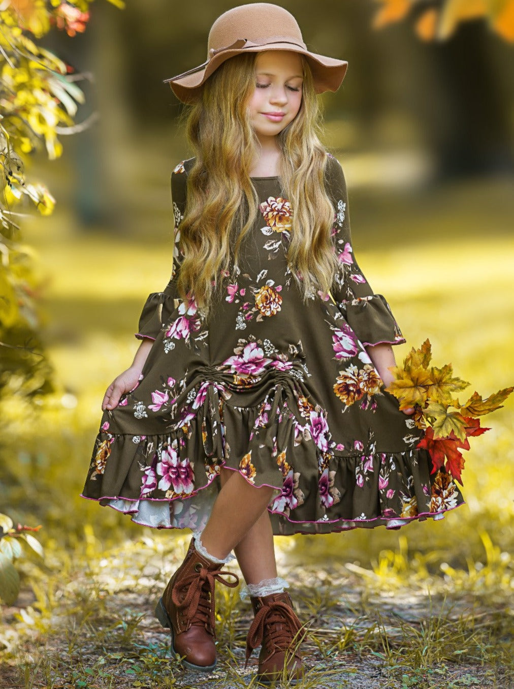 Fall Preppy Floral Hi-Lo Drawstring Ruffled Dress - Mia Belle Girls