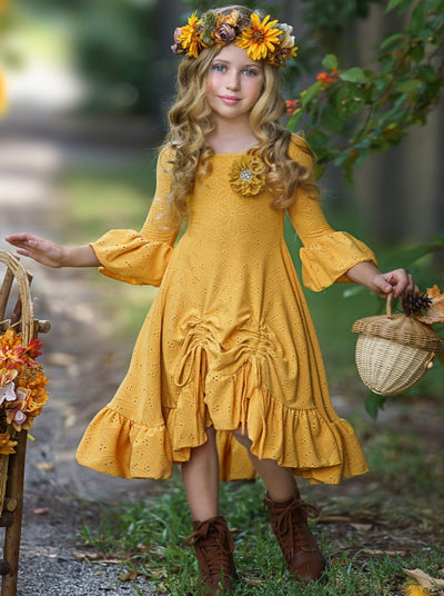Little girls fall long-sleeve hi-lo eyelet-lace Ella-style drawstring dress with floral applique and ruffle cuffs - Mia Belle Girls