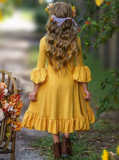 Little girls fall long-sleeve hi-lo eyelet-lace Ella-style drawstring dress with floral applique and ruffle cuffs - Mia Belle Girls