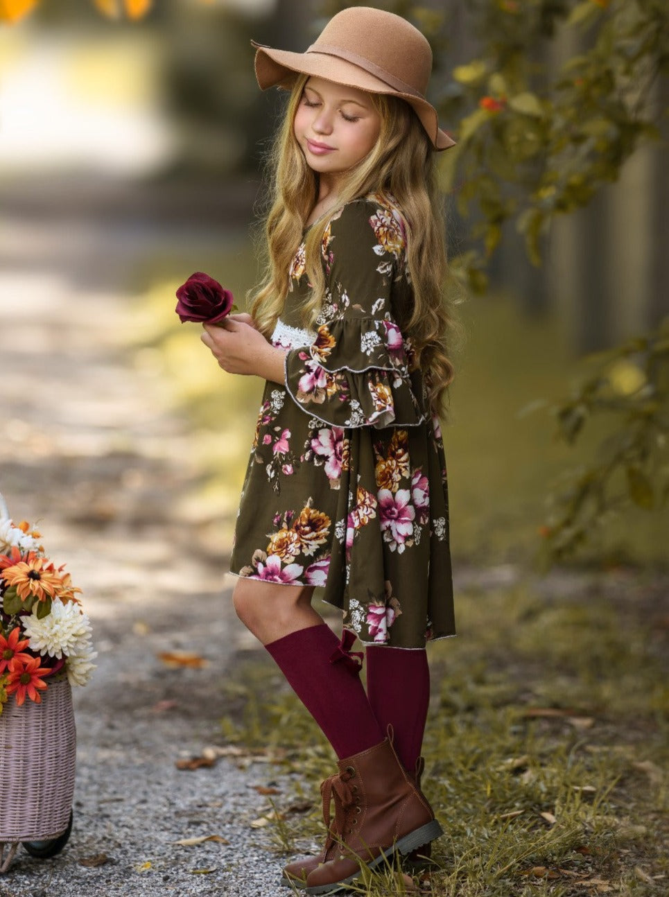 Little girls fall preppy long-sleeve hi-lo Dovie-style tunic with floral print pattern, double-ruffle tiered cuffs and white pants - Mia Belle Girls
