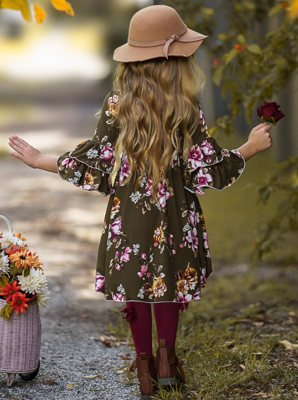 Little girls fall preppy long-sleeve hi-lo Dovie-style tunic with floral print pattern, double-ruffle tiered cuffs and white pants - Mia Belle Girls