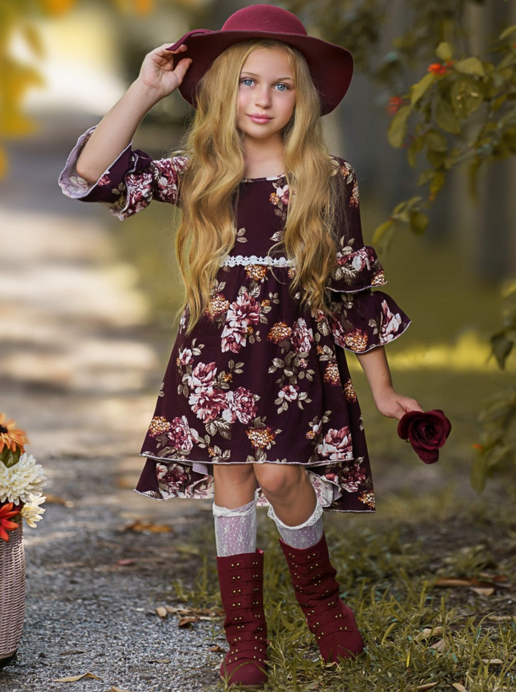 Little girls fall preppy 3/4 sleeve hi-lo Dovie-style dress with floral print pattern, double-ruffle tiered cuffs, and white crochet waistband - Mia Belle Girls