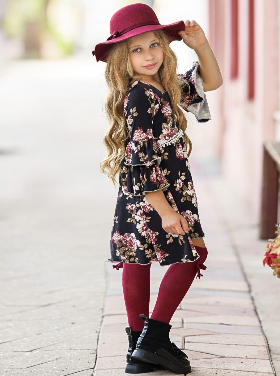 Little girls fall boho 3/4 sleeve hi-lo Dovie-style dress with floral print pattern, double-ruffle tiered cuffs, and white crochet waistband - Mia Belle Girls