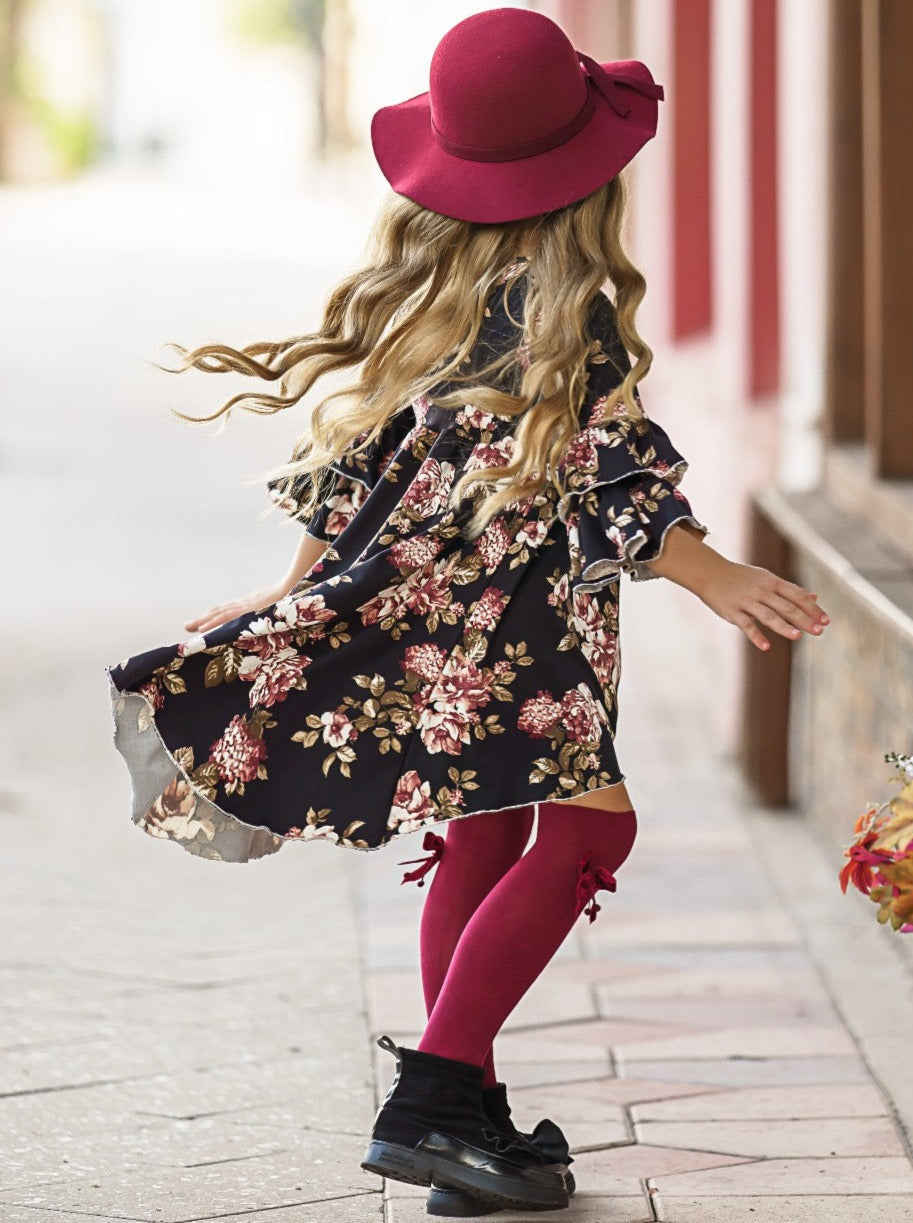 Little girls fall boho 3/4 sleeve hi-lo Dovie-style dress with floral print pattern, double-ruffle tiered cuffs, and white crochet waistband - Mia Belle Girls