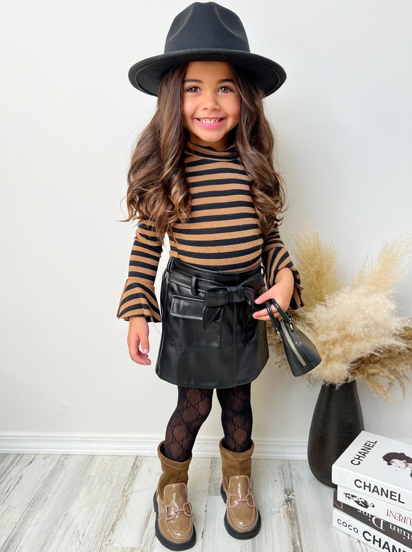 Cute Outfits For Girls | Striped Top  & Vegan Leather Belted Skirt Set