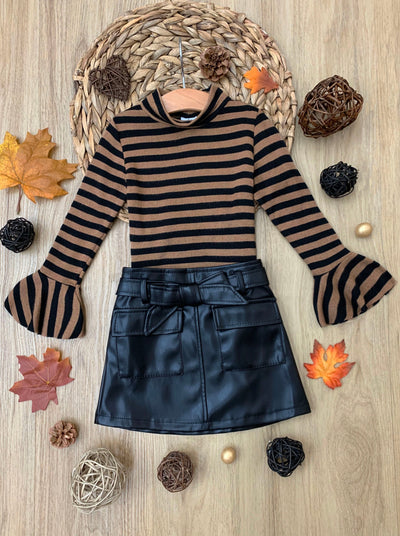 Cute Outfits For Girls | Striped Top  & Vegan Leather Belted Skirt Set