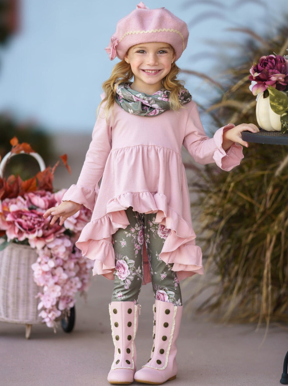 Cute Everyday Fall Outfits | Girls Floral Tunic, Scarf & Legging Set