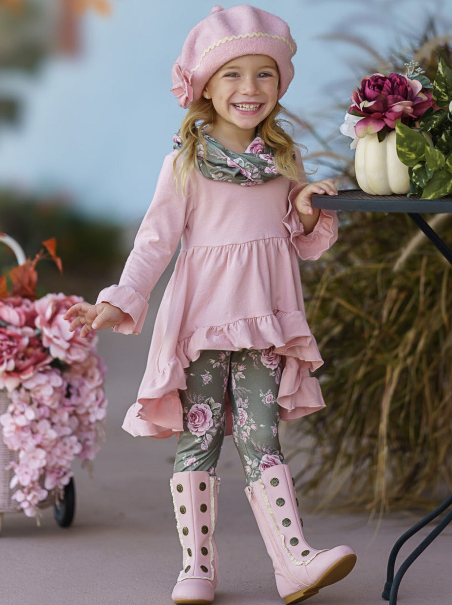 Cute Everyday Fall Outfits | Girls Floral Tunic, Scarf & Legging Set