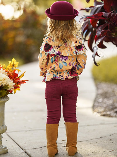 Little Girls Fall Floral Ruffle Top & Burgundy Jeans Set - Mia Belle Girls