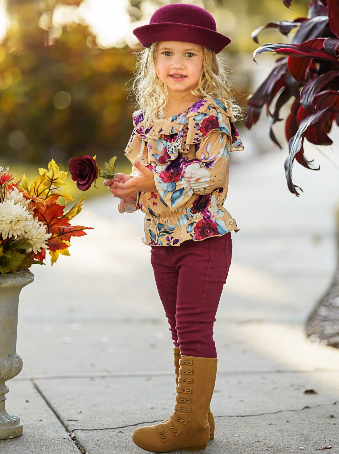 Little Girls Fall Floral Ruffle Top & Burgundy Jeans Set - Mia Belle Girls