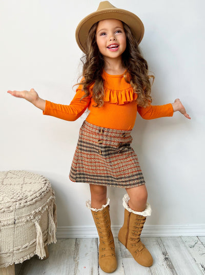 Pumpkin Top & Plaid Skirt Set - Mia Belle Girls